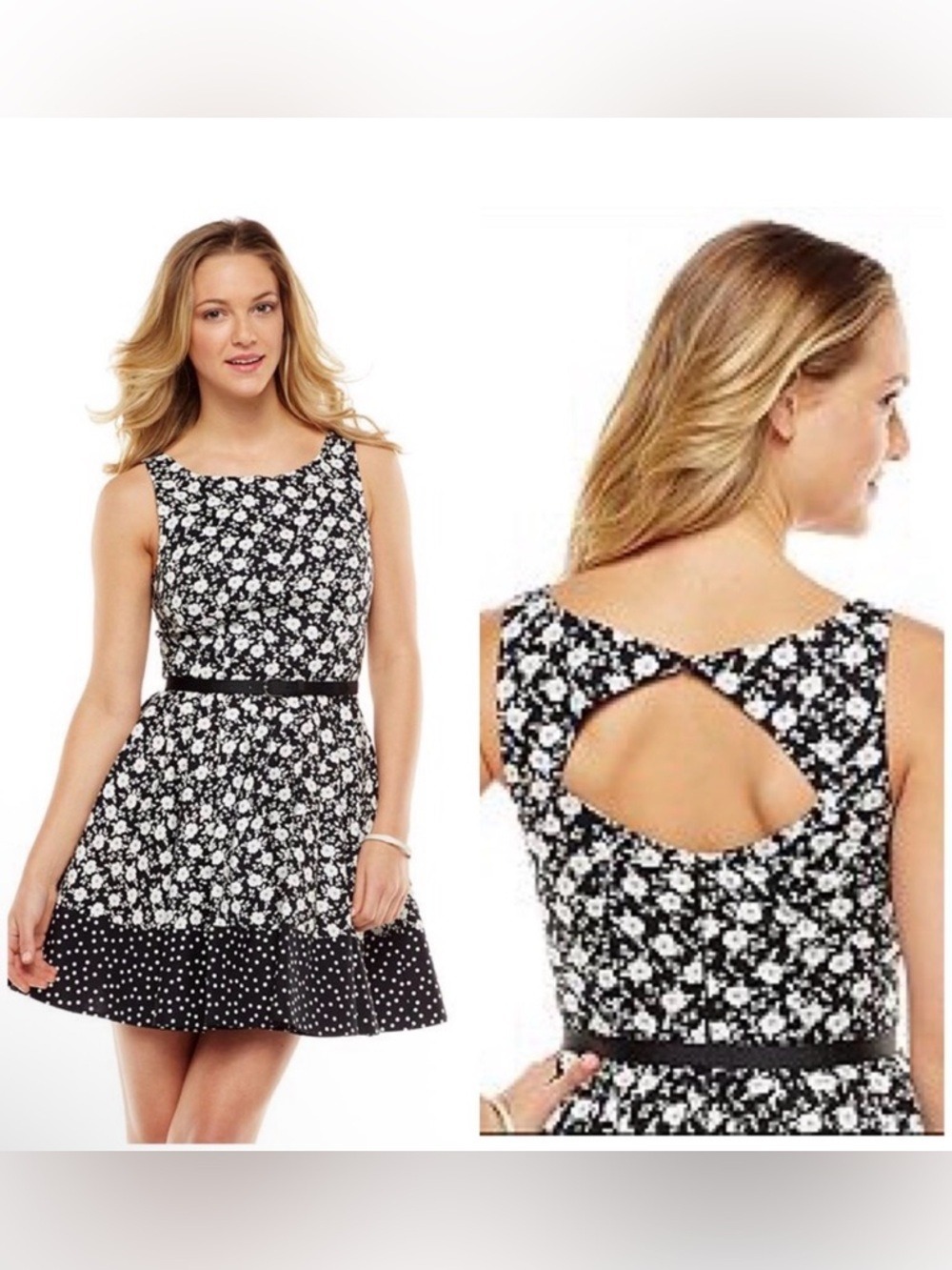 LC Lauren Conrad Black & White Floral Polka-Dot Back Cutout Fit-and-Flare Dress